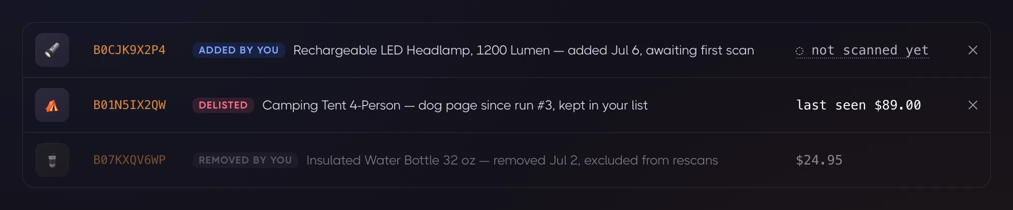 List membership pills: an ASIN added by hand awaiting its first scan, a delisted product kept in the list with its last seen price, and a removed ASIN excluded from future rescans