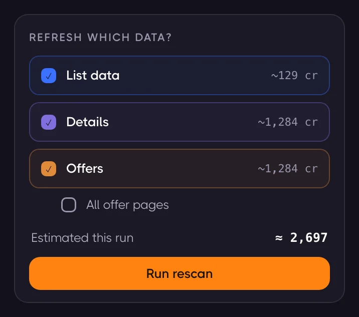 The rescan dialog: pick which layers to refresh, with a credit estimate before you commit