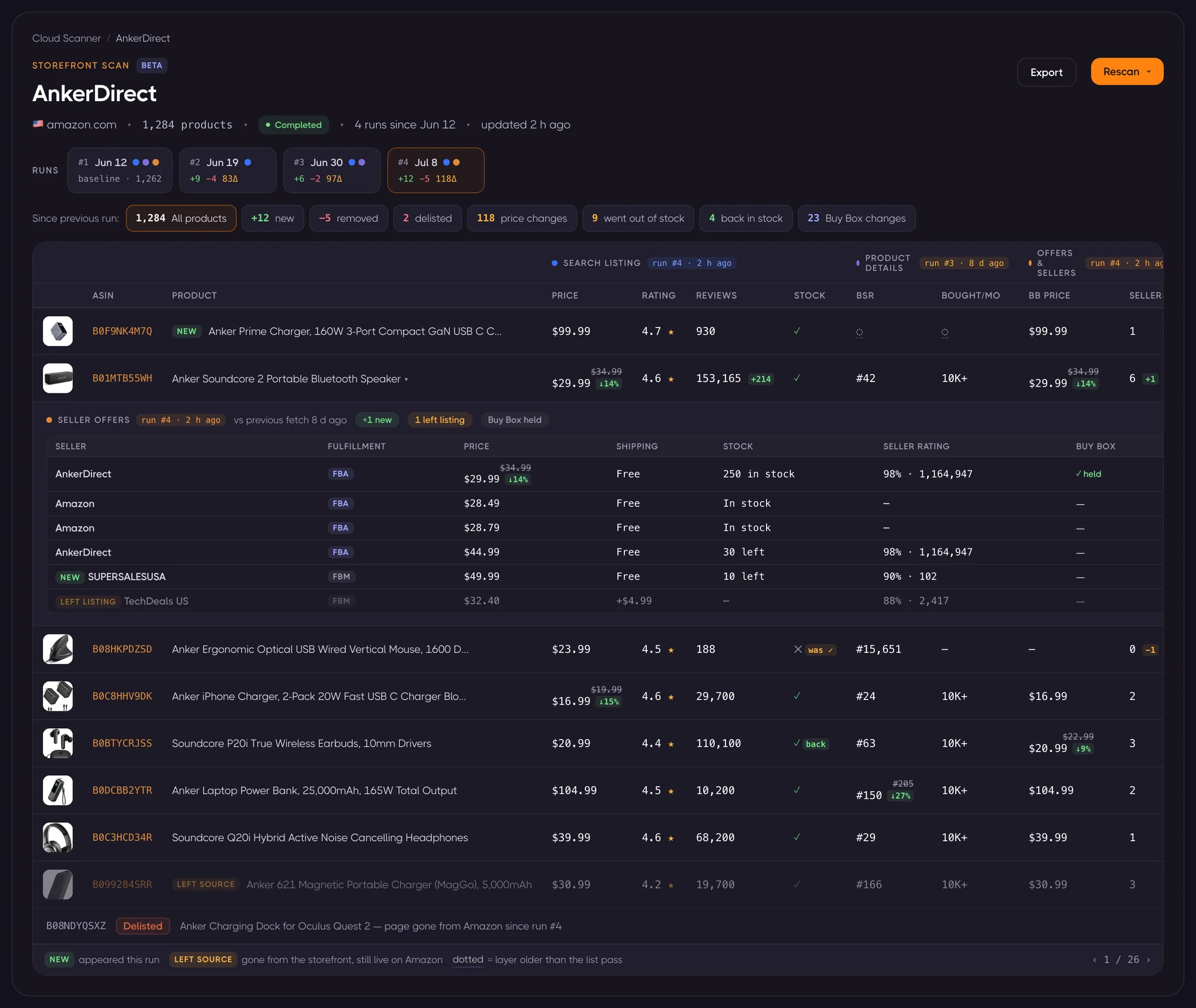 Cloud Scanner storefront results with rescan history, change digest and price deltas